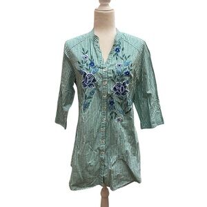 April Cornell Green Checkered Button Down Shirt with Blue Floral Embroidery
